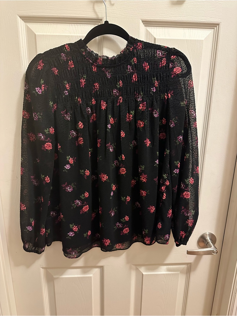 Banana Republic Black Floral Smocked Yoke Long Sleeve Blouse